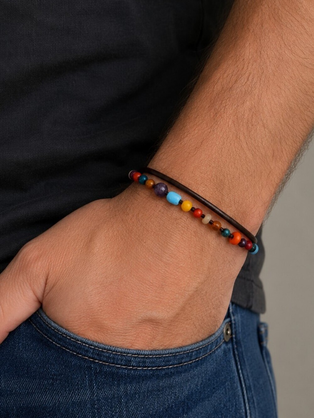 3/$30 HANDMADE Boho Leather Cord Rainbow Gemstone Bracelet